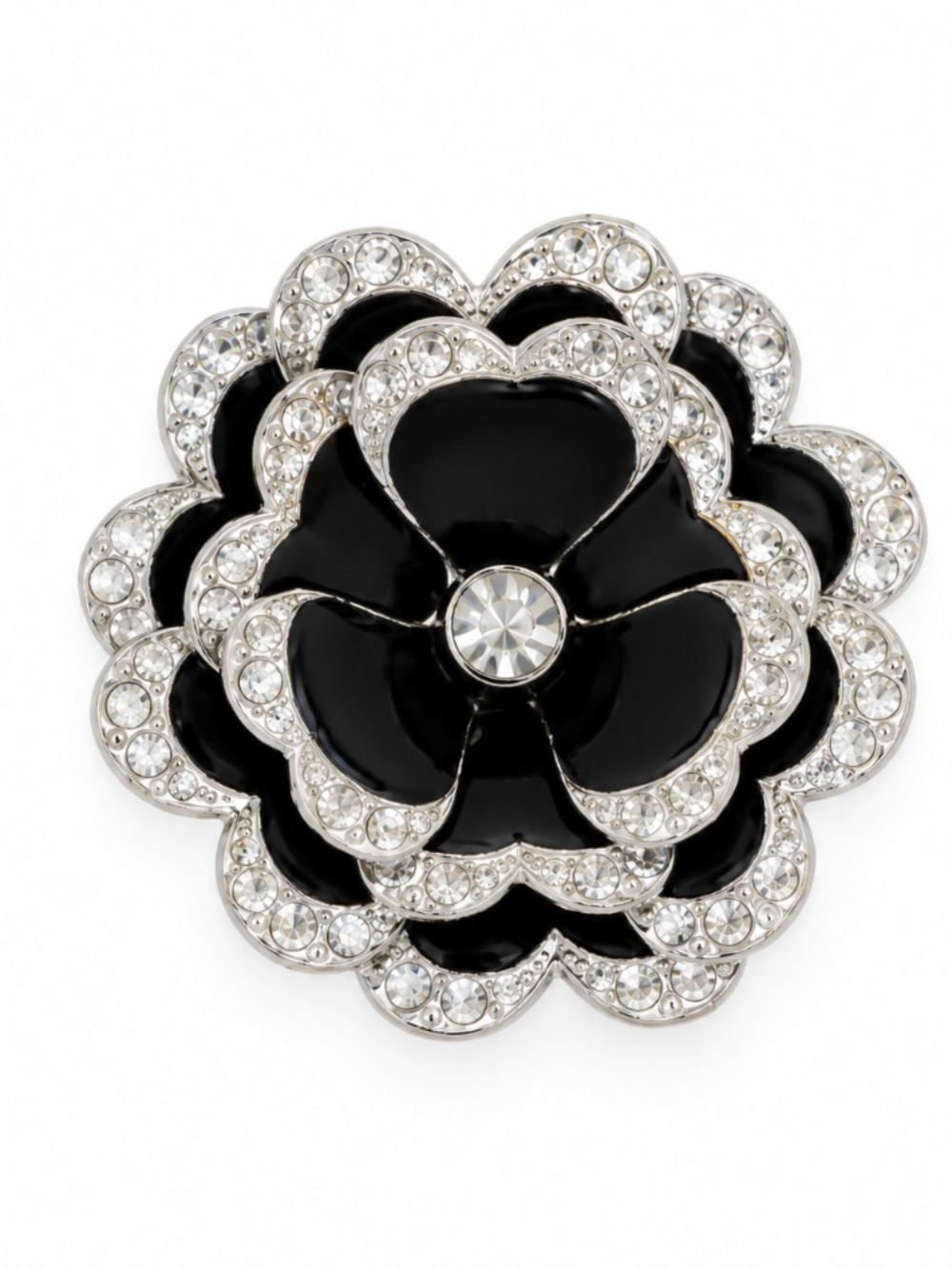 Made in Germany Black Flower Silver Edges Aluminum Rhinestone Center Brooch